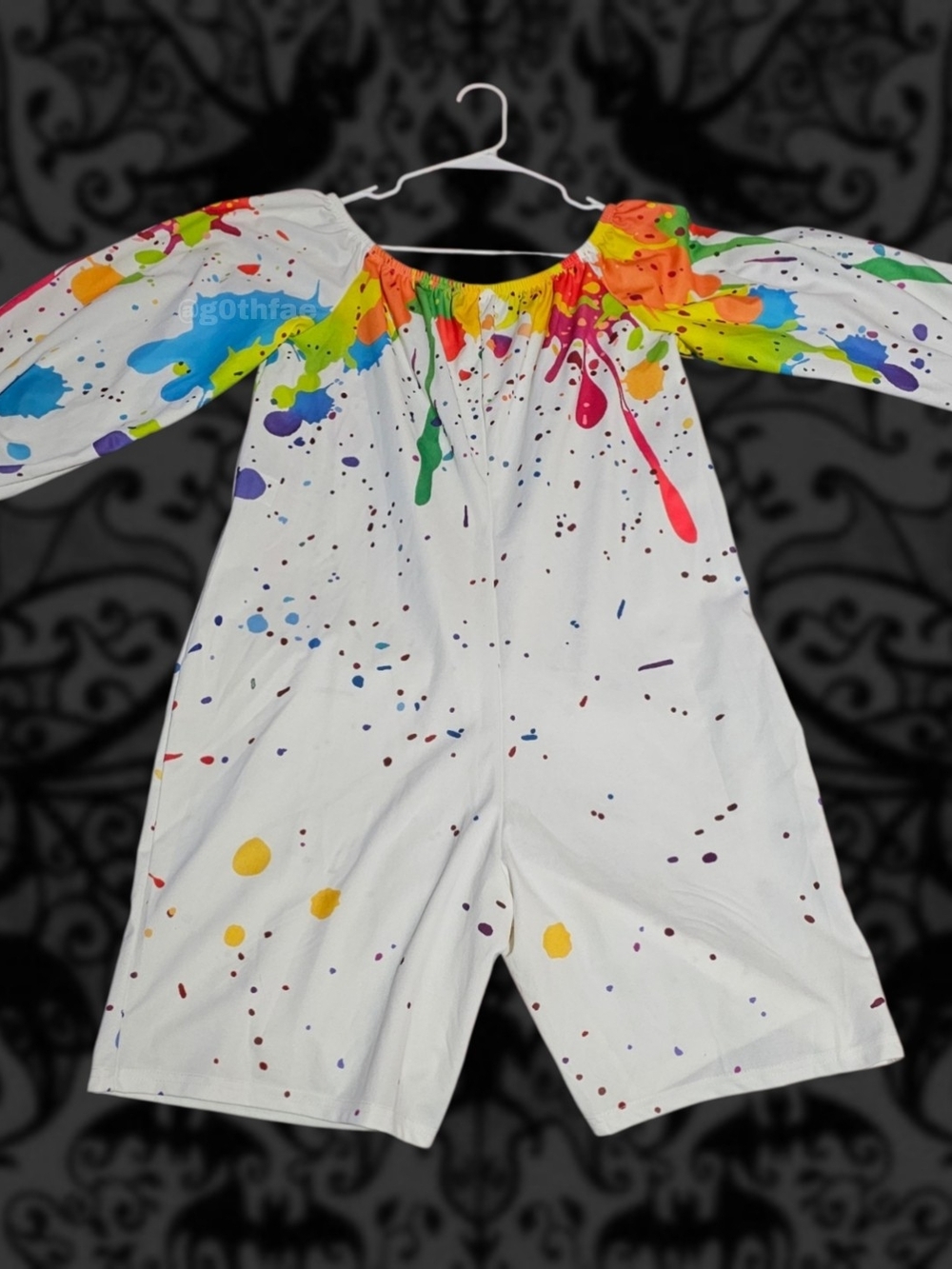 White Clowncore Long Sleeve Romper w Shorts & Rainbow Paint Splatter Pattern